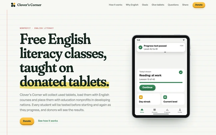 The first screen of cloverscorner.org